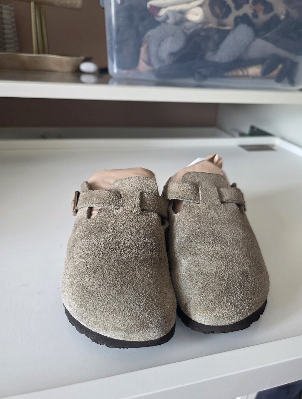 Birkenstock Suede Slip-On Clogs in Taupe